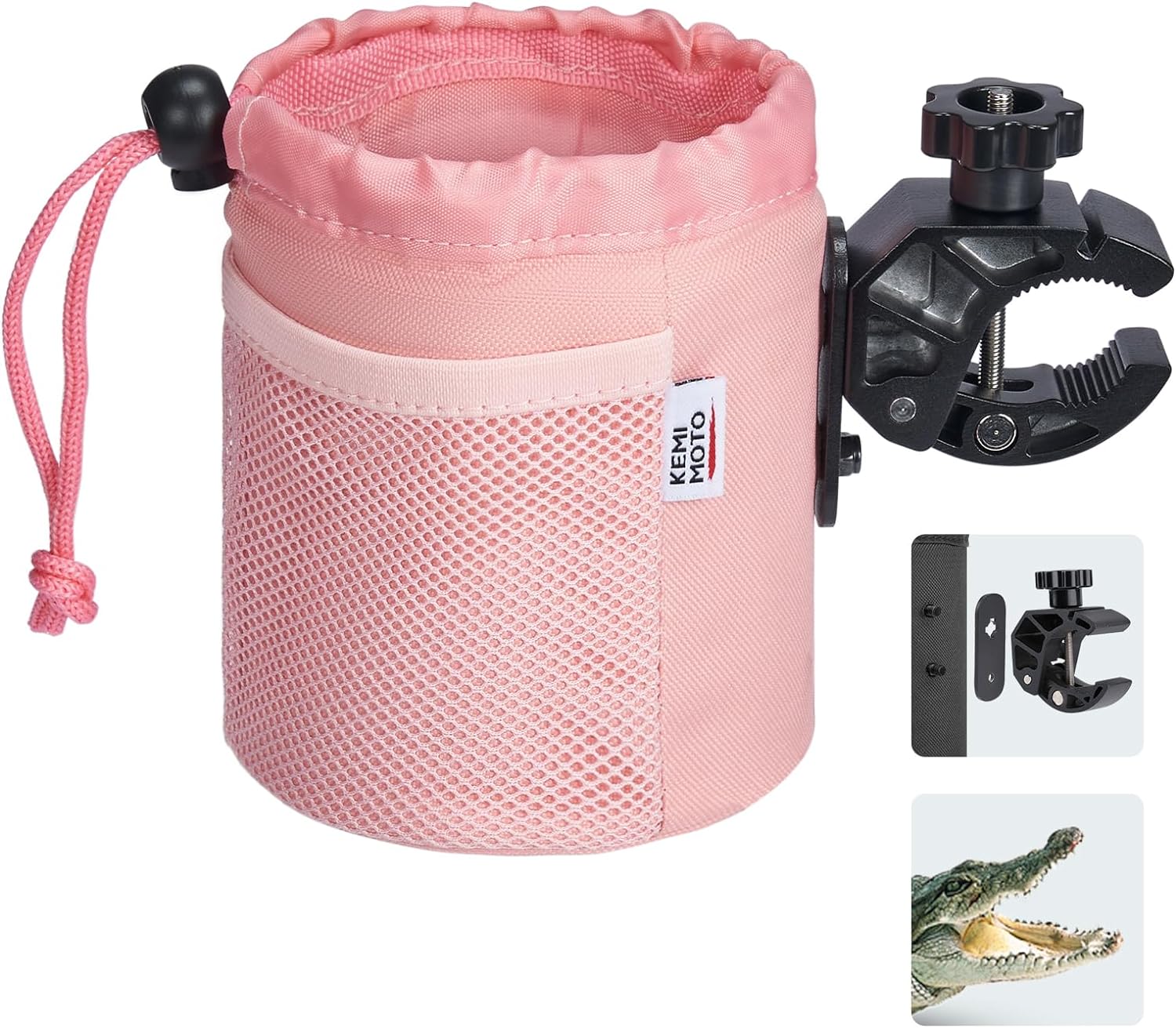 kemimoto Motorcycle Cup Holder, Oxford Fabric Motorcycle Drink Holder with 0.6"-1.75" Alligator Clamp, Universal Water Bottle Holder for Motorcycle, ATV, Scooter, Boat, Kayak, Bike, Walker, Pink