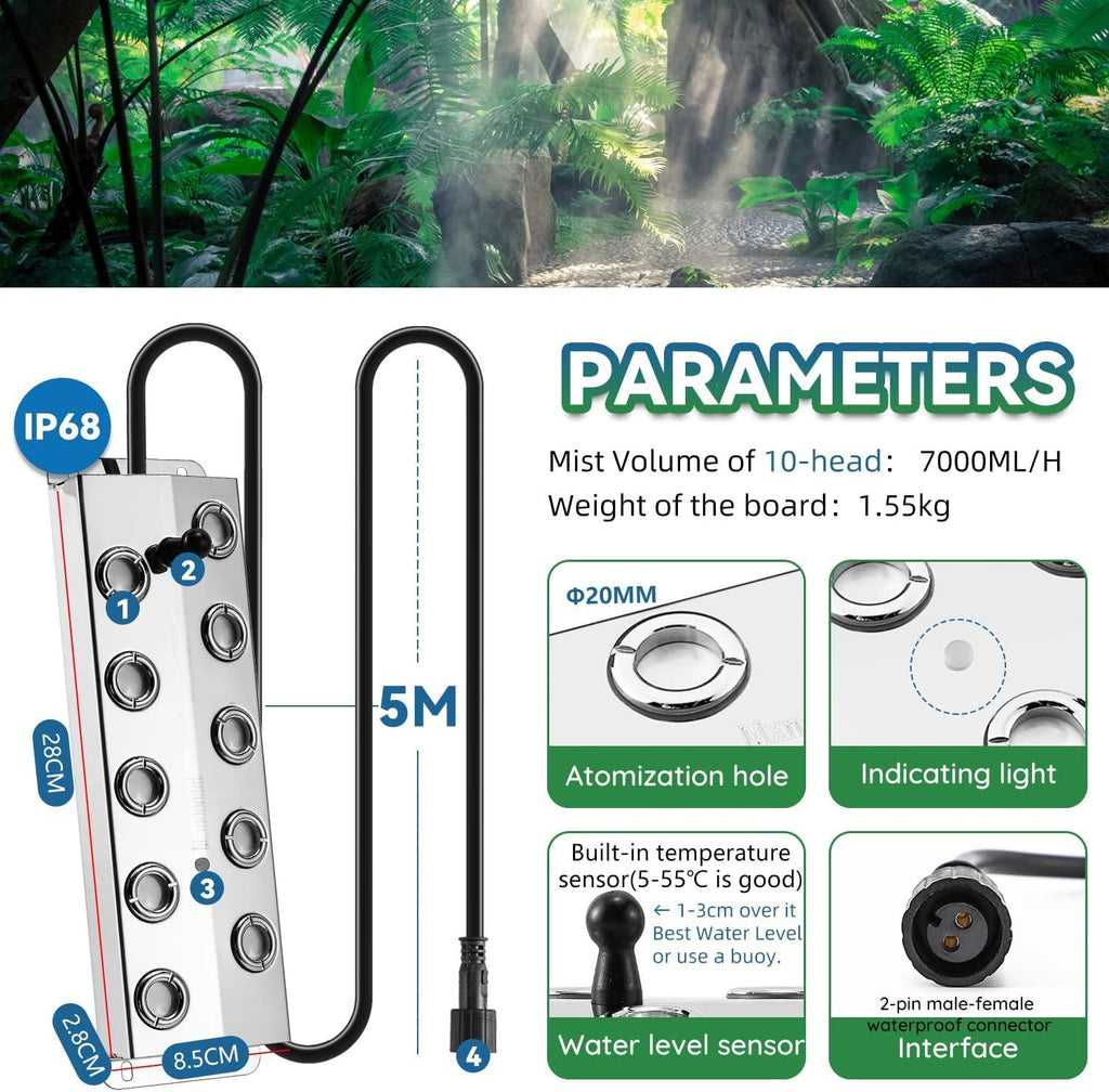 Mxmoonant Mist Maker 10 Head Ultrasonic Pond Fogger 7000ml/H Mist Humidifier with Float 400W Power Supply for Landscape Vegetable Preservation Scenic Magical Atmosphere