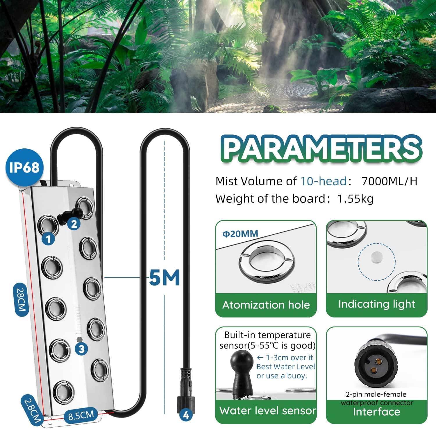 Mxmoonant Mist Maker 10 Head Ultrasonic Pond Fogger 7000ml/H Mist Humidifier with Float 400W Power Supply for Landscape Vegetable Preservation Scenic Magical Atmosphere