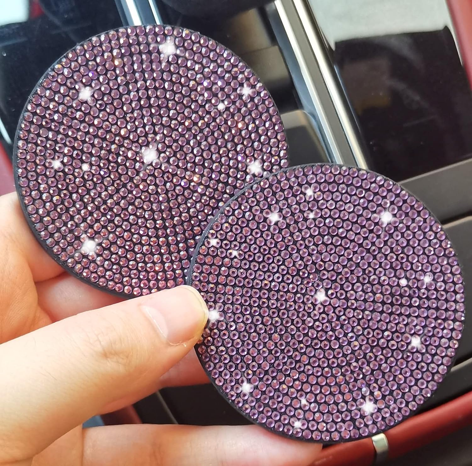 2pcs Bling Car Cup Holder Coaster, 2.75 inch Anti-Slip Shockproof Universal Fashion Vehicle Car Coasters Insert Bling Rhinestone Auto Automotive Interior Accessories for Women (2 pcs, Light Purple)