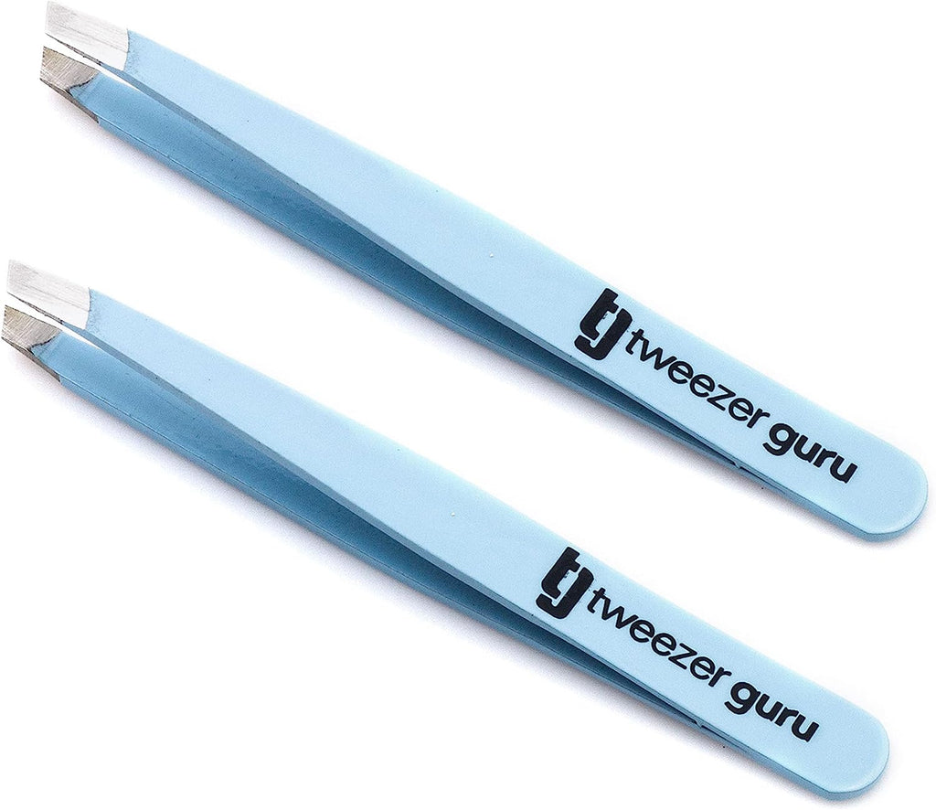 Tweezer Guru Tweezers for Women - 2pc Slant Pointed Precision Tweezers for Eyebrows &amp; Ingrown Hair Removal - Blackhead and Splinter Tweezer with Sharp Needle Nose Point for Plucking (Sky Blue)