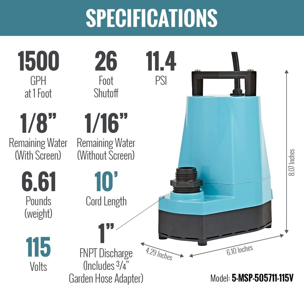Little Giant 505711 5-Series Aluminum Pump, Manual Hydroponic, 1500 GPH, 10 Ft. Cord, Blue