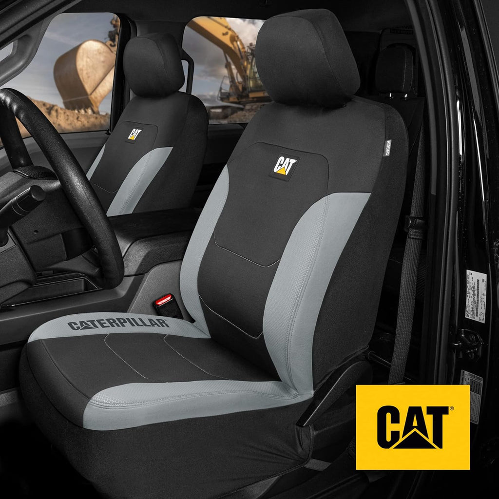 Caterpillar Flexfit Automotive Seat Covers for Cars Trucks and SUVs (Set of 2) – Black Seat Covers for Front Seats, Seat Protectors with Gray Honeycomb Trim, Auto Interior Covers