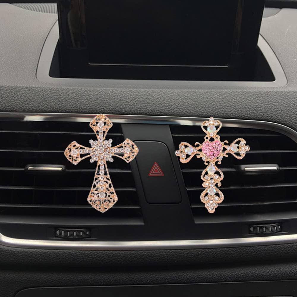 ZOSTLAND Rhinestone Car Decorative Clip,Car Air Fresheners,Metal Car Vent Clip,Bling Car Air Vent，Personalized Automotive Interior Decoration Accessories,Car Decor Gift for women,men (2pcs Cross)