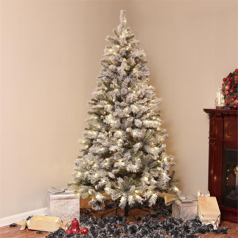 Luxen Home Pre-Lit Clear LED 7ft Artificial Flocked Christmas Tree with Metal Stand