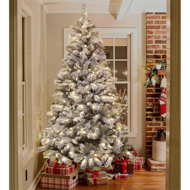 Luxen Home Pre-Lit Clear LED 7ft Artificial Flocked Christmas Tree with Metal Stand