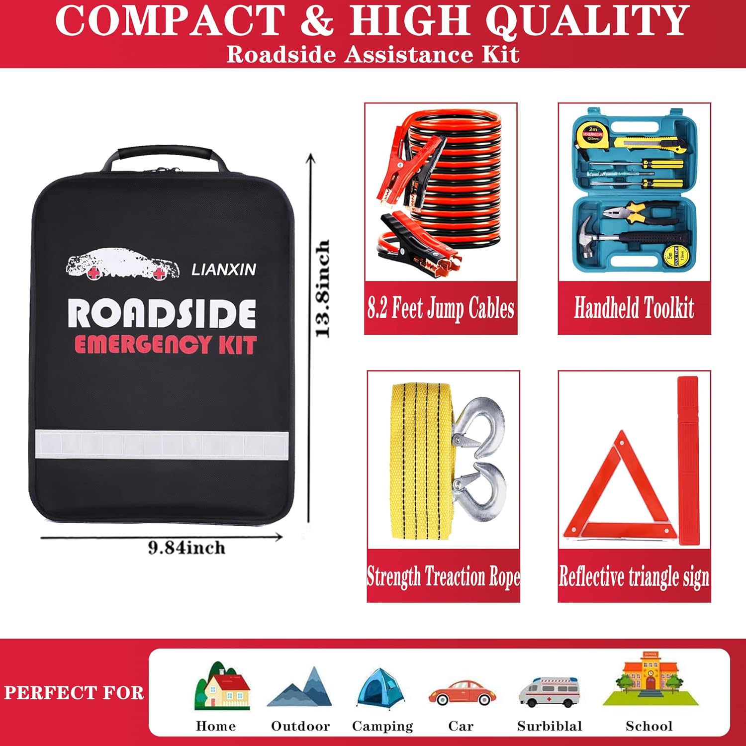 LIANXIN Roadside Emergency Car Kit-Safety Car Kit Car Emergency Kit with Jumper Cables Roadside Assistance Kit, Tow Rope, Safety Hammer, Reflective Warning Triangle,Car Tool Kit