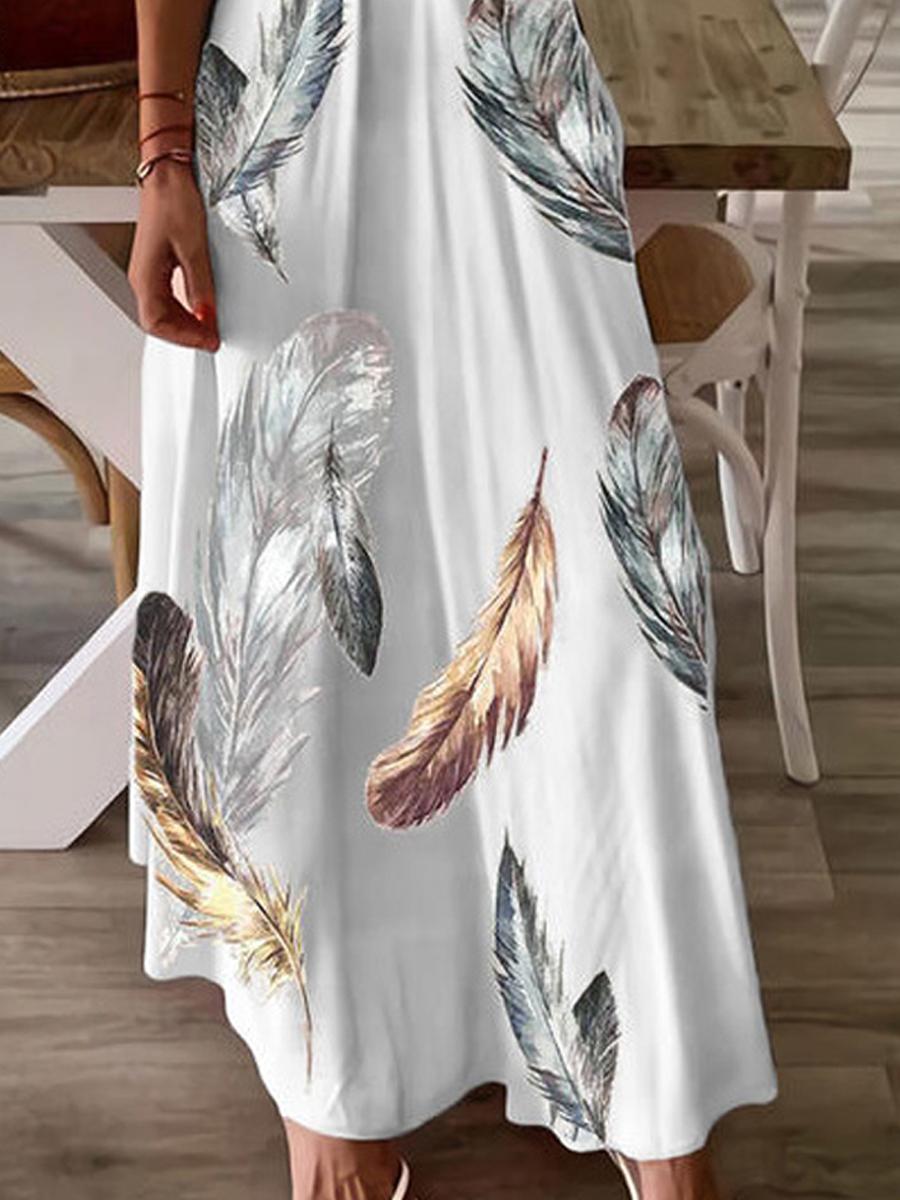 Casual Loose Feather Print V-Neck Sling Maxi Dress