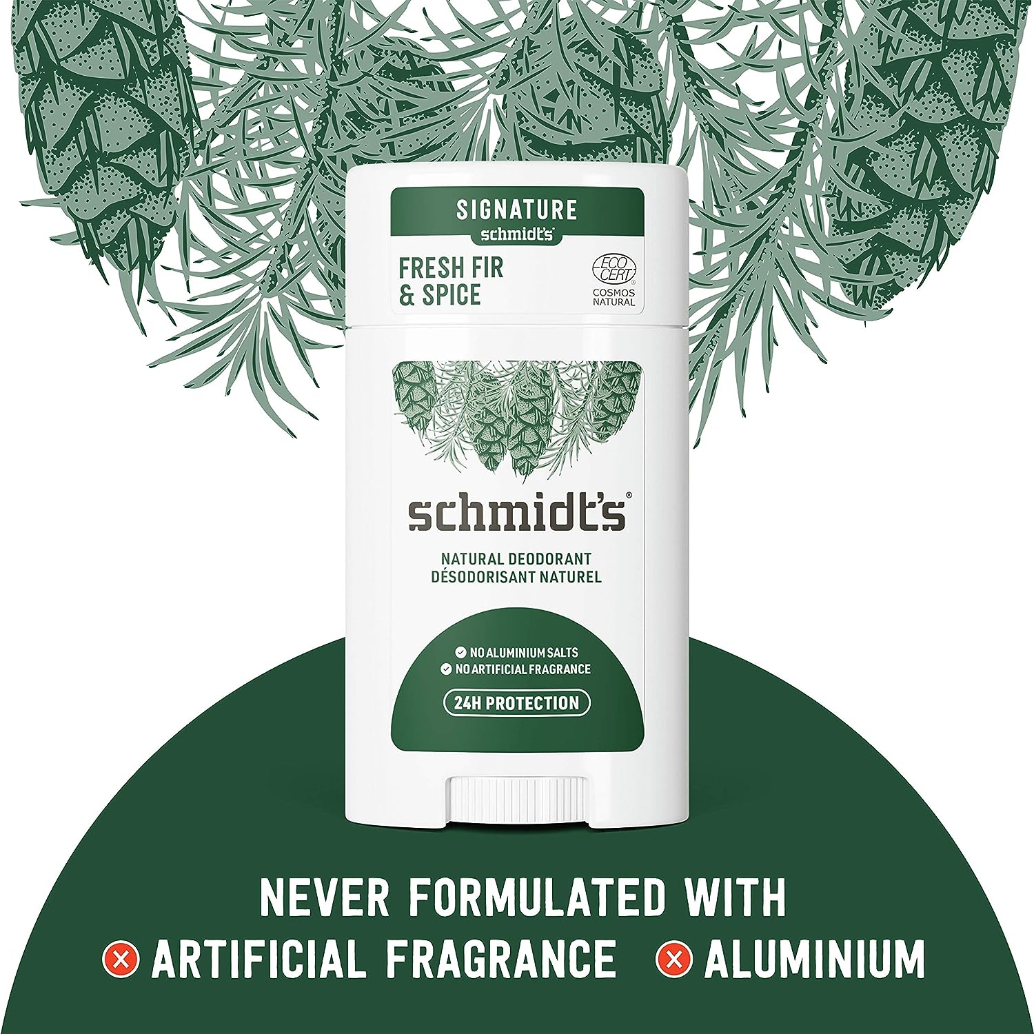 Schmidt's Aluminum Free Natural Deodorant for Women and Men, Fresh Fir &amp; Spice with 24 Hour Odor Protection, Certified Natural, Cruelty Free, Vegan Deodorant 2.65oz 2-pk