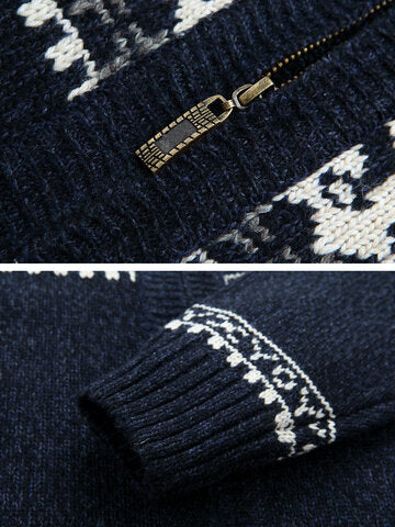 mens tribal style zipper stand collar casual knitted sweater cardigan