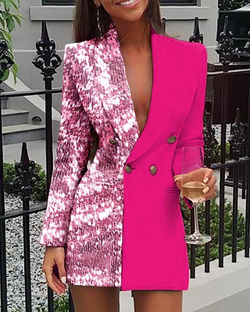 Sequins Colorblock Double Breasted Blazer Dress