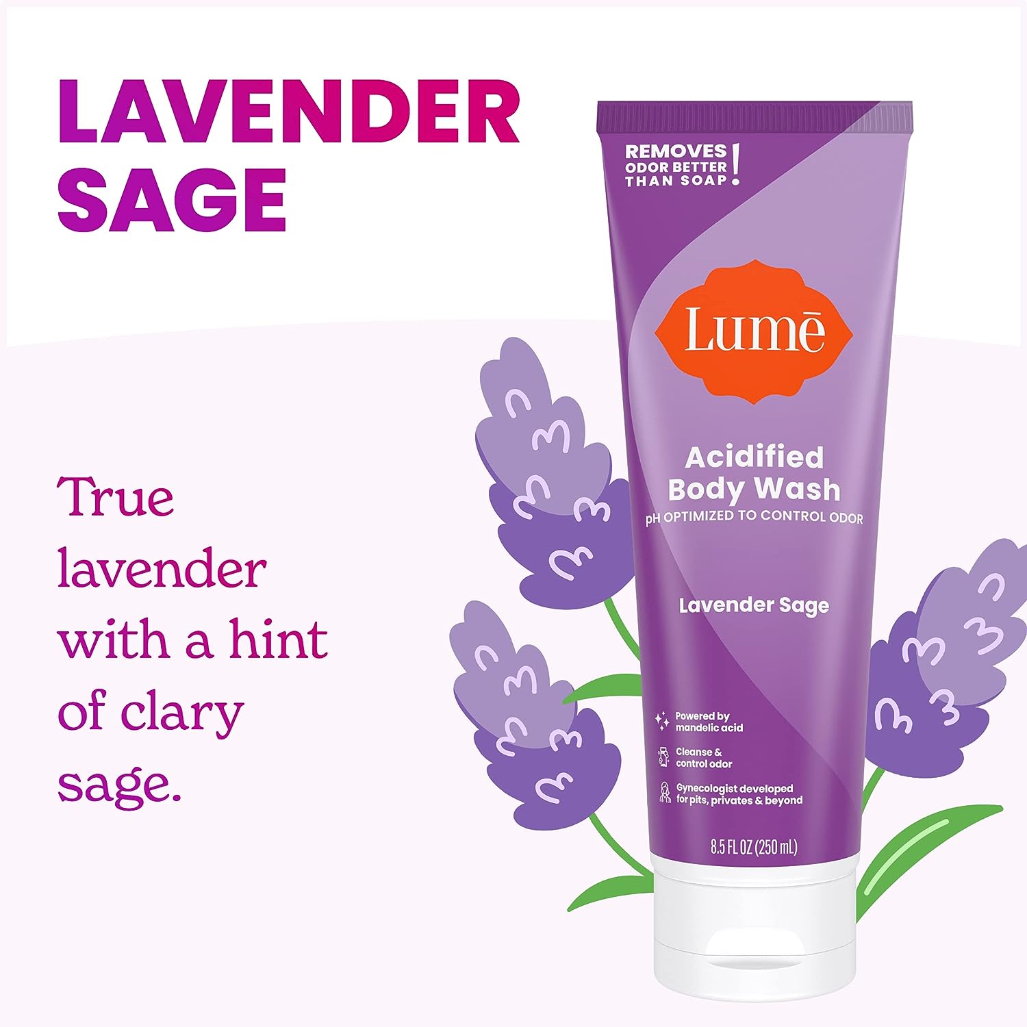Lume Acidified Body Wash - 24 Hour Odor Control - Removes Odor Better than Soap - Moisturizing Formula - SLS Free, Paraben Free - Safe For Sensitive Skin - 8.5 ounce (Lavender Sage)