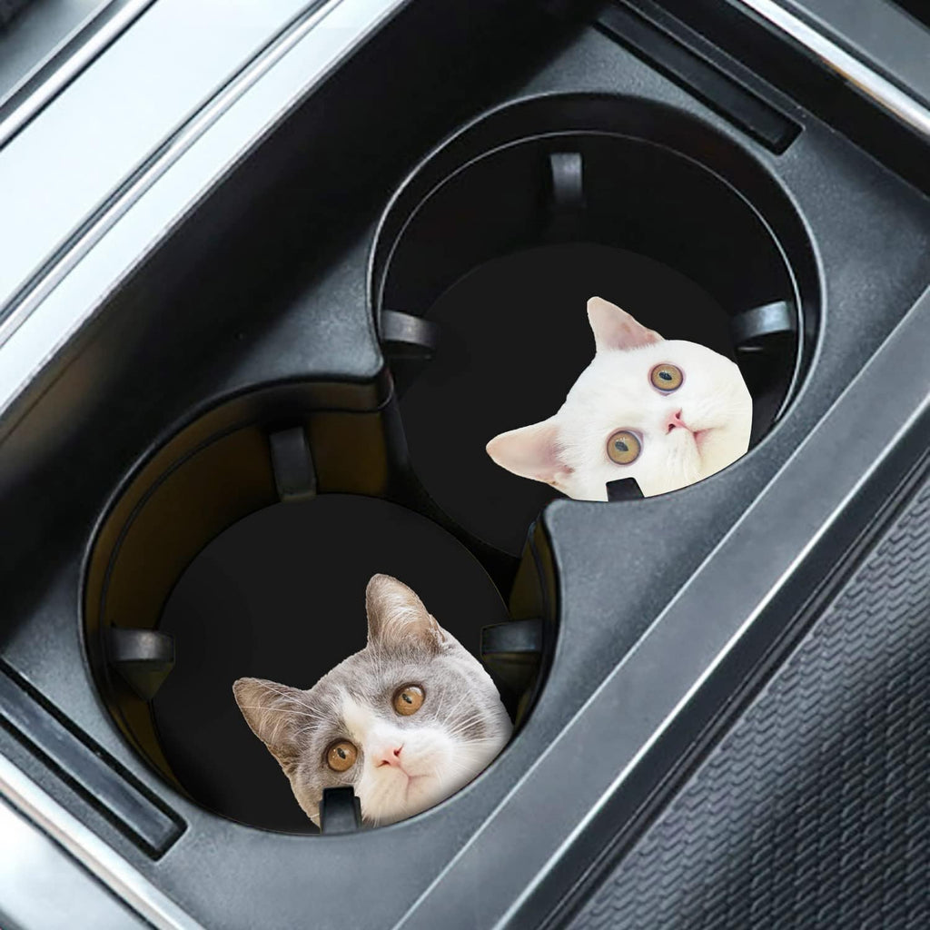Cute Cat Funny Cat Car Coasters, 2PCS 2.75" Car Cup Holder Coasters Silicone Car Cup Holder Insert Coasters for Women Car Interior Accessory by FLYEEGO