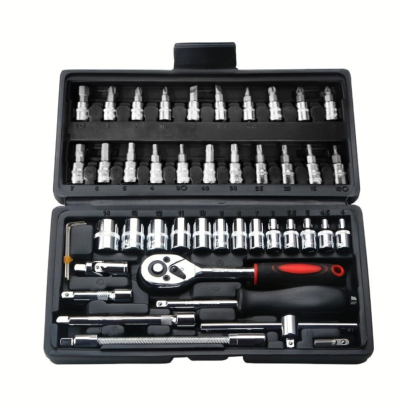 46pcs Car Repair Tool Kit: Ratchet Torque Wrench, Spanner, Screwdriver, Socket Set Combo - Perfect For Bicycle &amp; Auto Repairing!