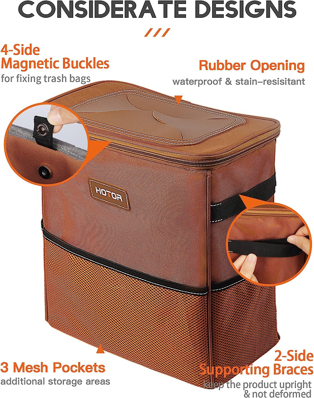 HOTOR Car Trash Can, 3-Gallon Ultra-Large Car Garbage Can, 100% Leakproof &amp; Waterproof Trash Can for Car, Multipurpose Car Trash Bin with Adjustable Straps, Magnetic Buckles, Mesh Pockets (Brown)