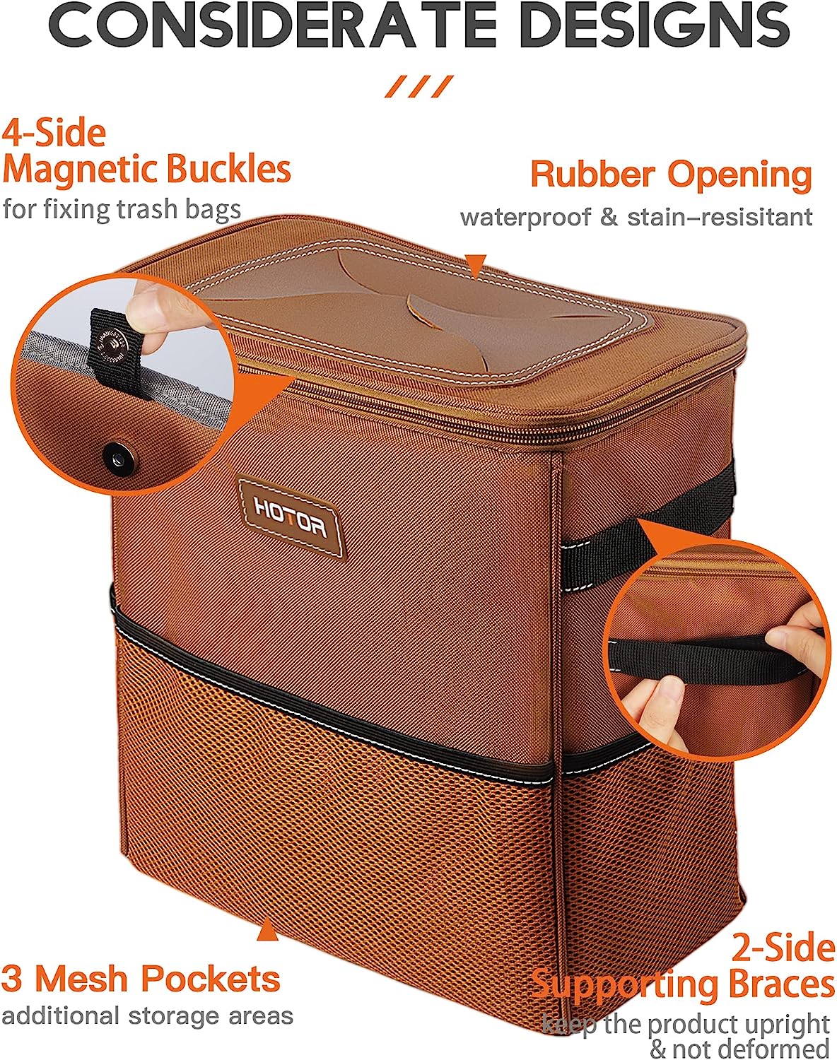 HOTOR Car Trash Can, 3-Gallon Ultra-Large Car Garbage Can, 100% Leakproof &amp; Waterproof Trash Can for Car, Multipurpose Car Trash Bin with Adjustable Straps, Magnetic Buckles, Mesh Pockets (Brown)