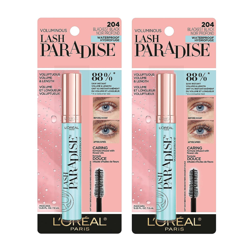 L'Oreal Paris Voluminous Makeup Lash Paradise Waterproof Mascara, Voluptuous Volume, Intense Length, Feathery Soft Full Lashes, No Smudging, No Clumping, Black, 0.25 Fl Oz (Pack of 2)