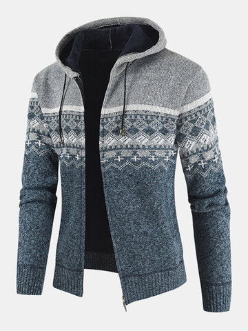 mens ethnic style knitted woolen zipper drawstring hooded sweater cardigan