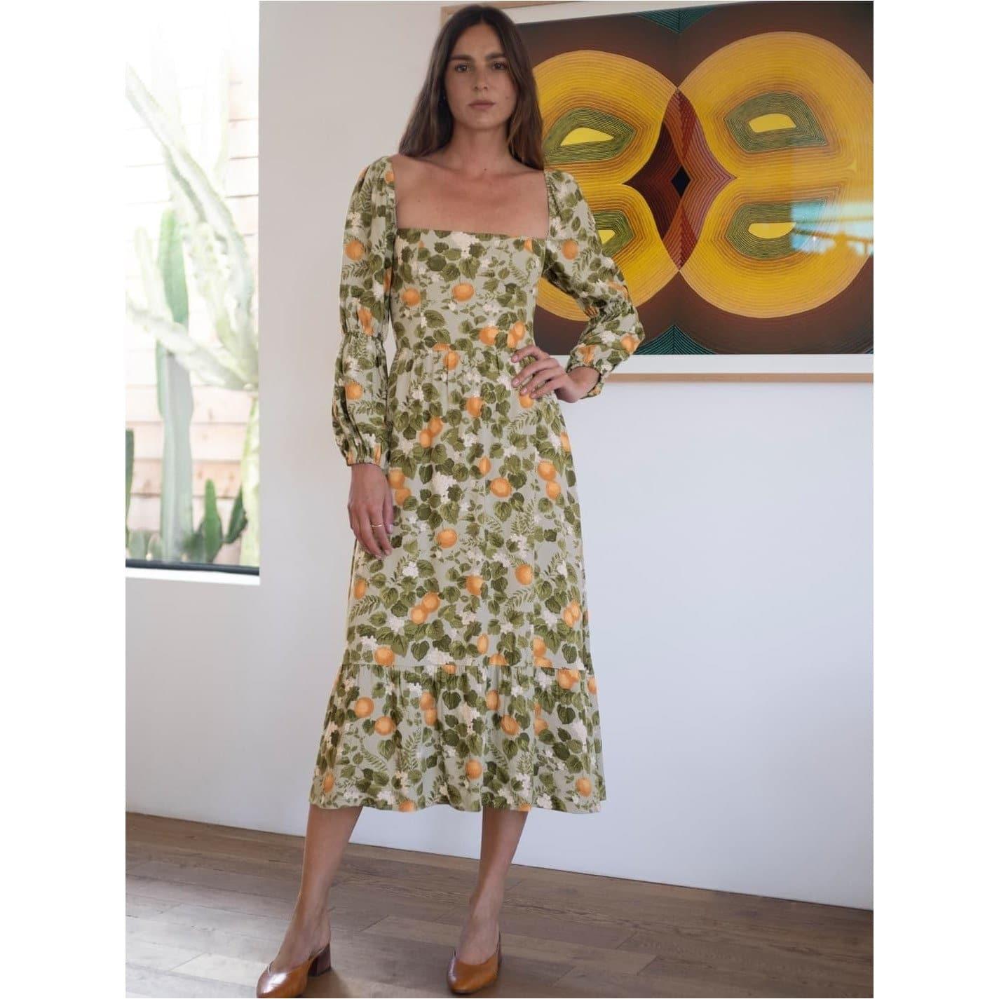 elegant floral print long sleeve midi dress