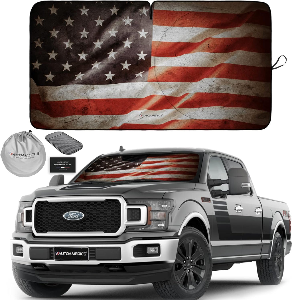 Autoamerics 1-Piece Windshield Sun Shade Grunge American Flag - 1 USA  - Foldable Car Front Window Sunshade for Most Sedans SUV Truck - Blocks Max UV Rays and Keeps Your Vehicle Cool - X-Large
