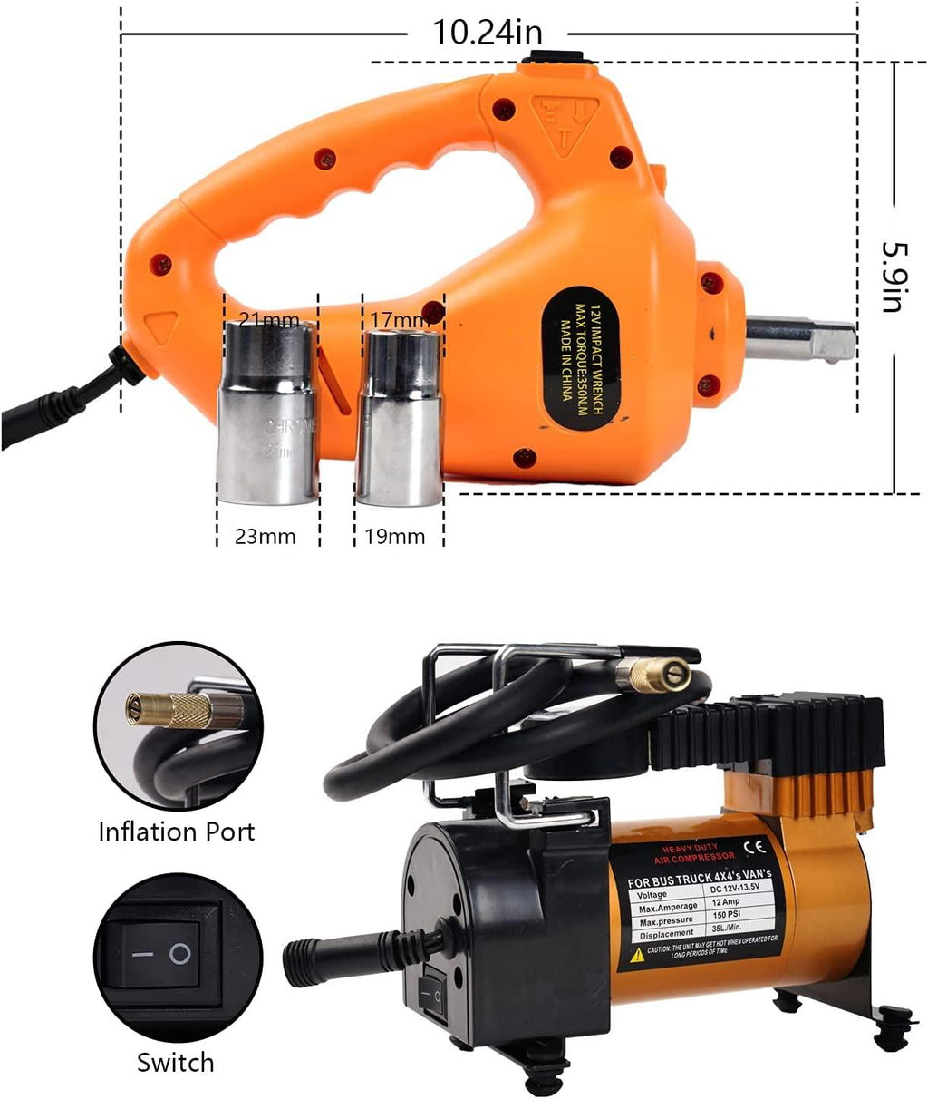 ROGTZ Electric Car Floor Jack Set 3 Ton All-in-one Automatic 12v Scissor Lift Jack with Impact Wrench and Tire Inflator Pump for Tire ChanReplacement