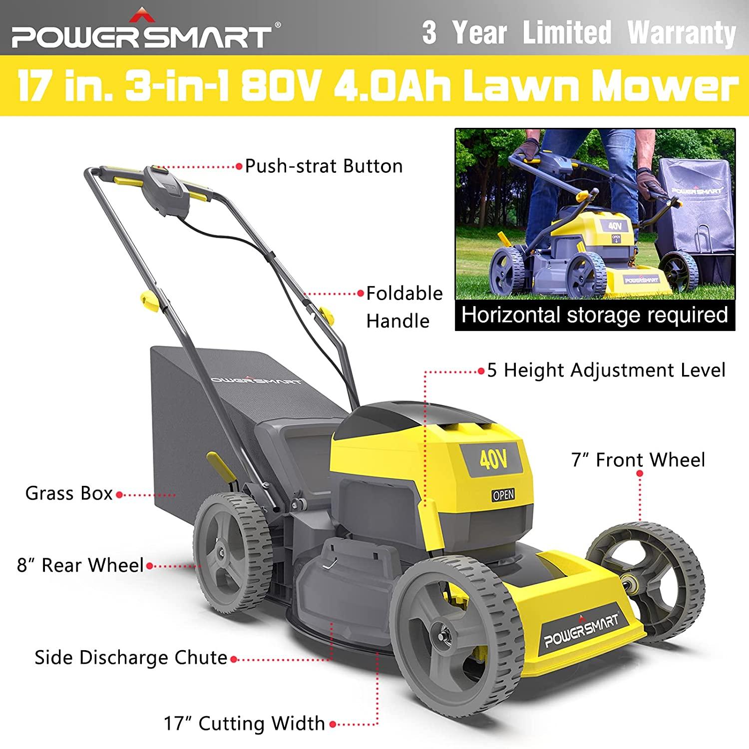 PowerSmart Cordless Lawn Mower, 40V 4.0Ah Push Lawn Mower 17 Inch, Electric Lawn Mower with Grass Bag, 3-in-1 Mower, 5 Adjustable Heights(1.18-3.0'') Battery & Charger Included