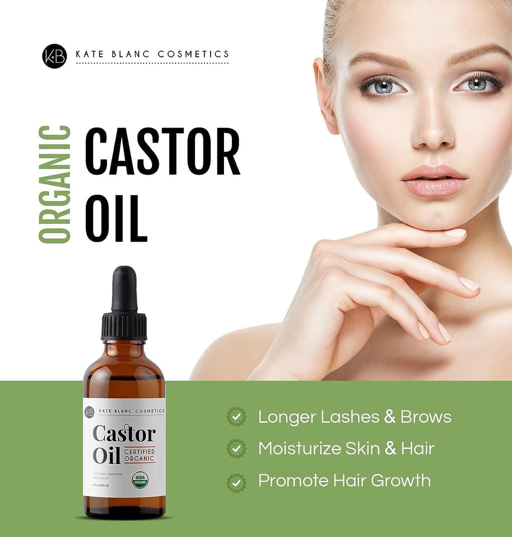 Kate Blanc Cosmetics Castor Oil (2oz), USDA Certified Organic, 100% Pure, Cold Pressed, Hexane Free Stimulate Growth for Eyelashes, Eyebrows, Hair. Skin Moisturizer &amp; Hair Treatment Starter Kit