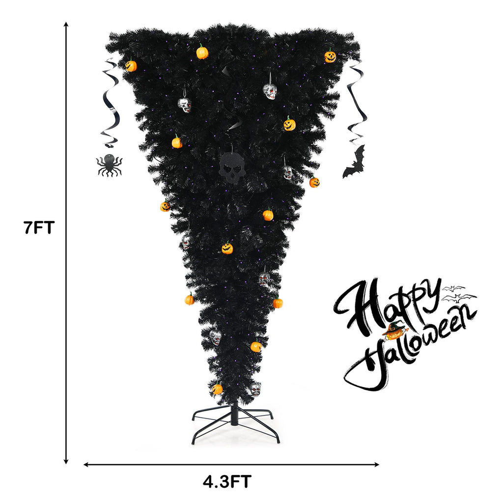 Gymax 7FT Pre-lit Upside Down Black Halloween Tree Artificial Christmas Tree