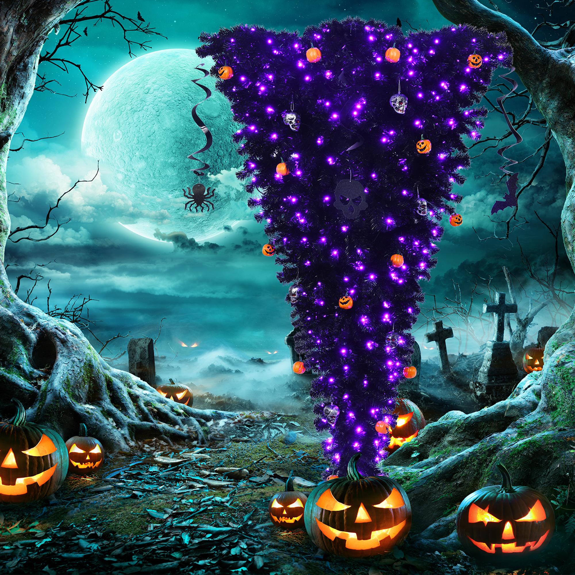 Gymax 7FT Pre-lit Upside Down Black Halloween Tree Artificial Christmas Tree