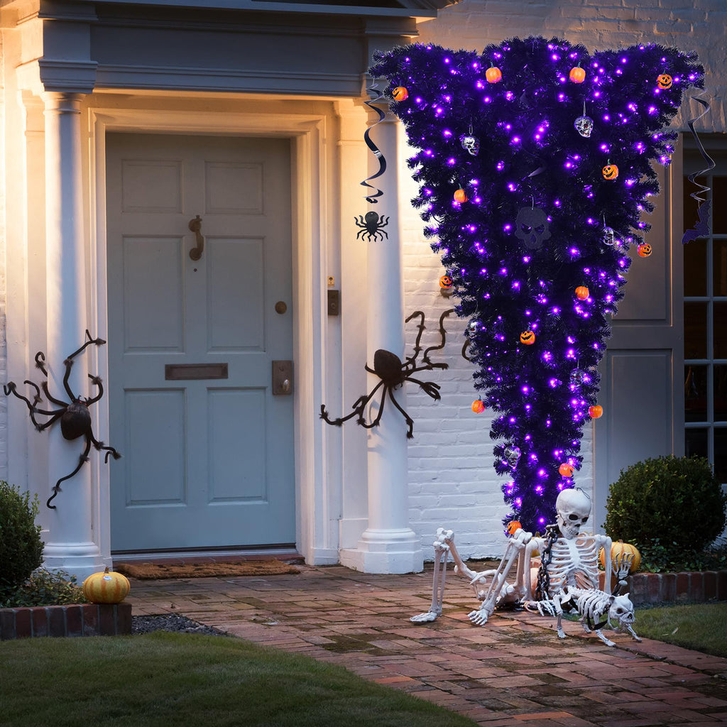 Gymax 7FT Pre-lit Upside Down Black Halloween Tree Artificial Christmas Tree