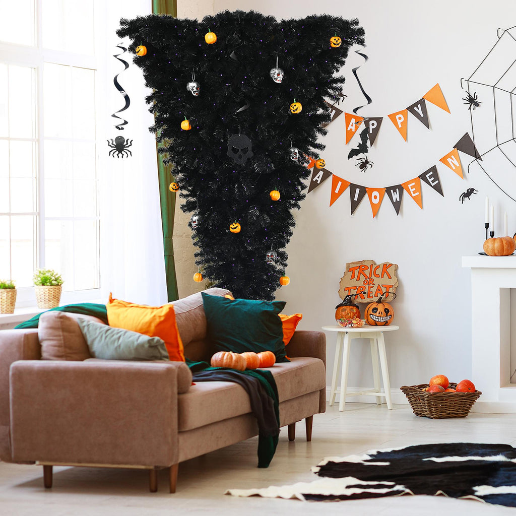 Gymax 7FT Pre-lit Upside Down Black Halloween Tree Artificial Christmas Tree