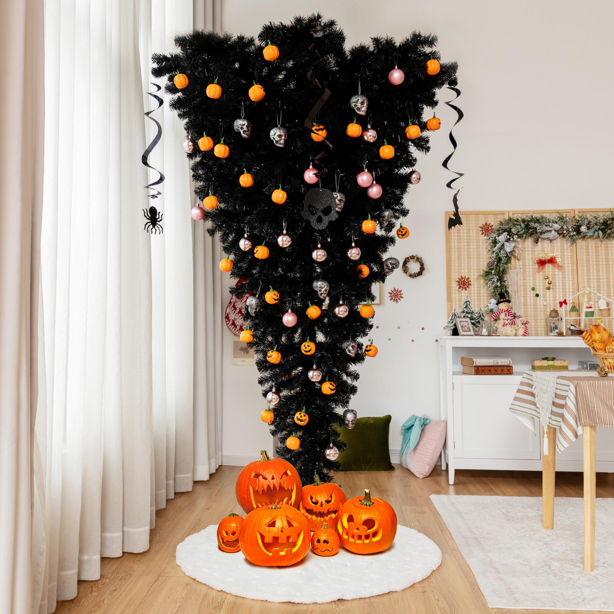 Gymax 7FT Pre-lit Upside Down Black Halloween Tree Artificial Christmas Tree