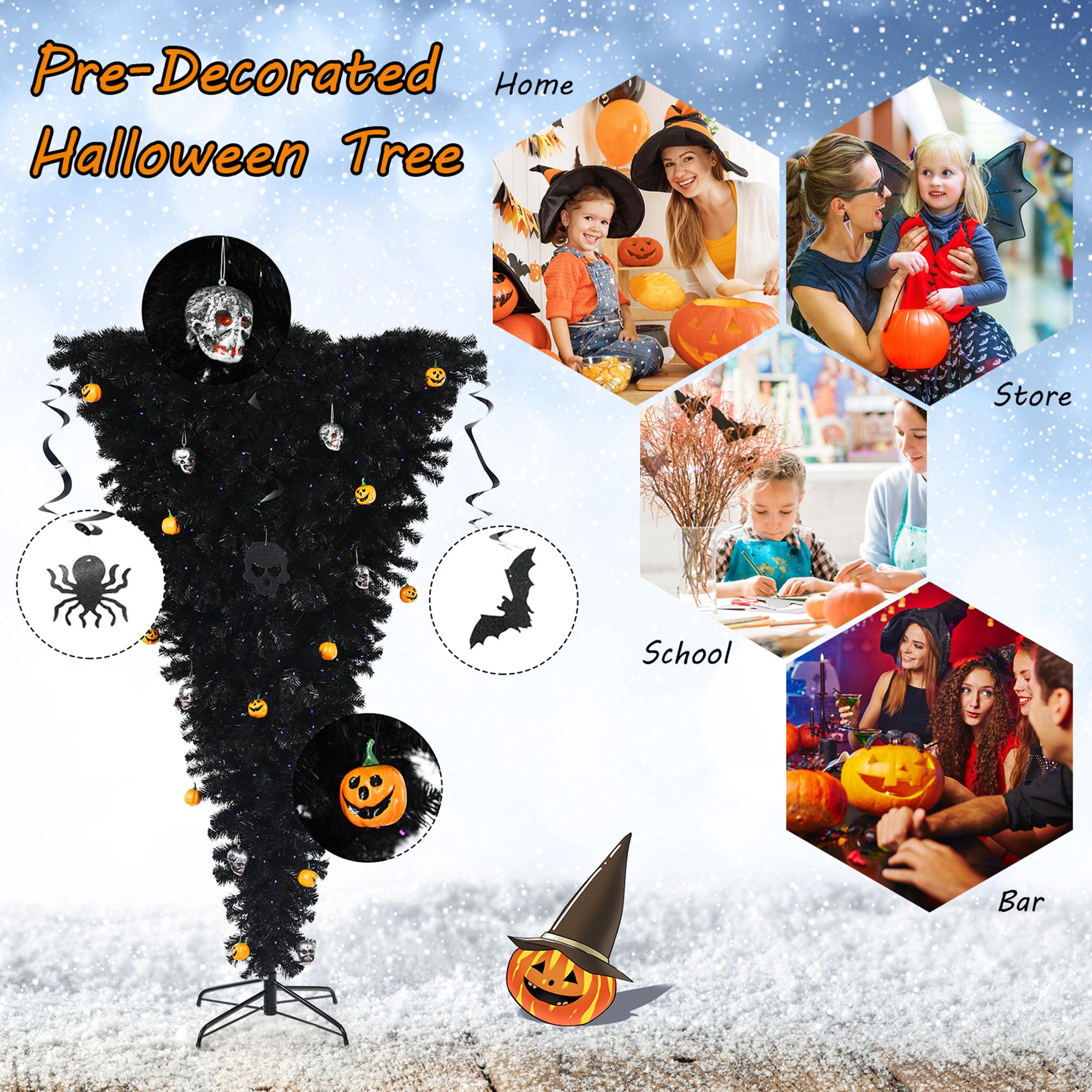 Gymax 7FT Pre-lit Upside Down Black Halloween Tree Artificial Christmas Tree