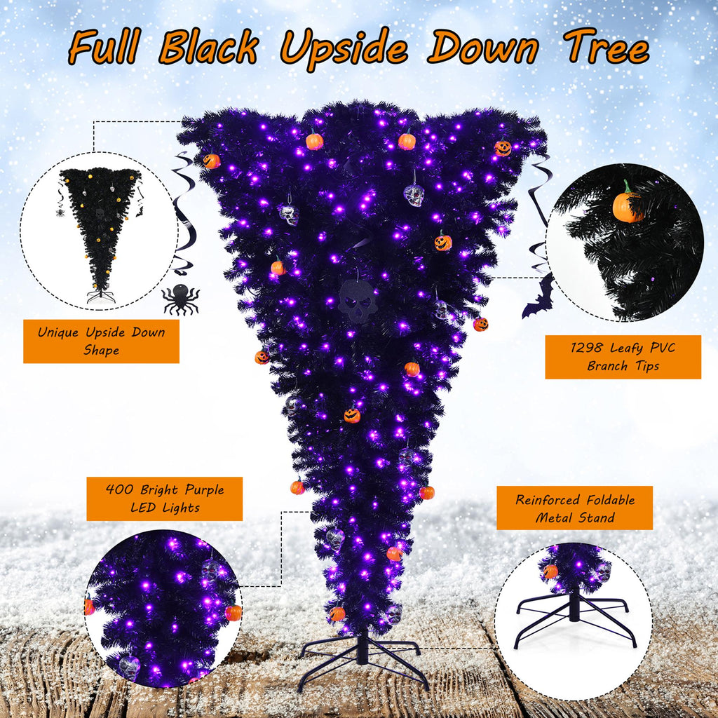 Gymax 7FT Pre-lit Upside Down Black Halloween Tree Artificial Christmas Tree