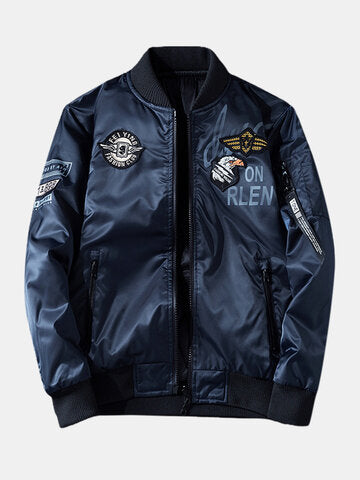 mens letter print applique zip front baseball collar casual double-faced jackets