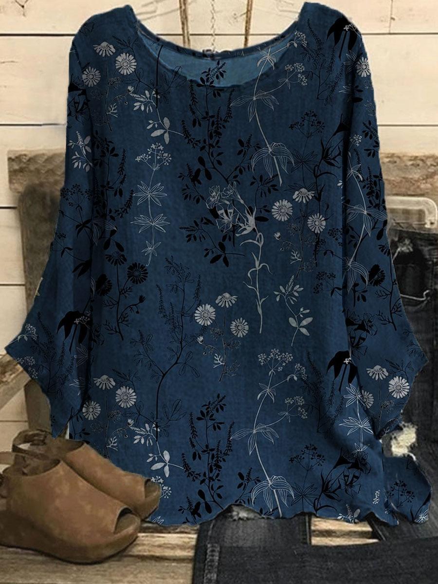 Round Neck Floral Print Long-sleeved Blouse