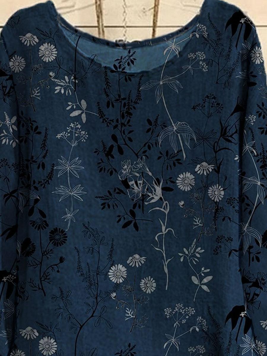 Round Neck Floral Print Long-sleeved Blouse