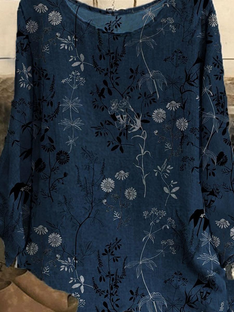 Round Neck Floral Print Long-sleeved Blouse