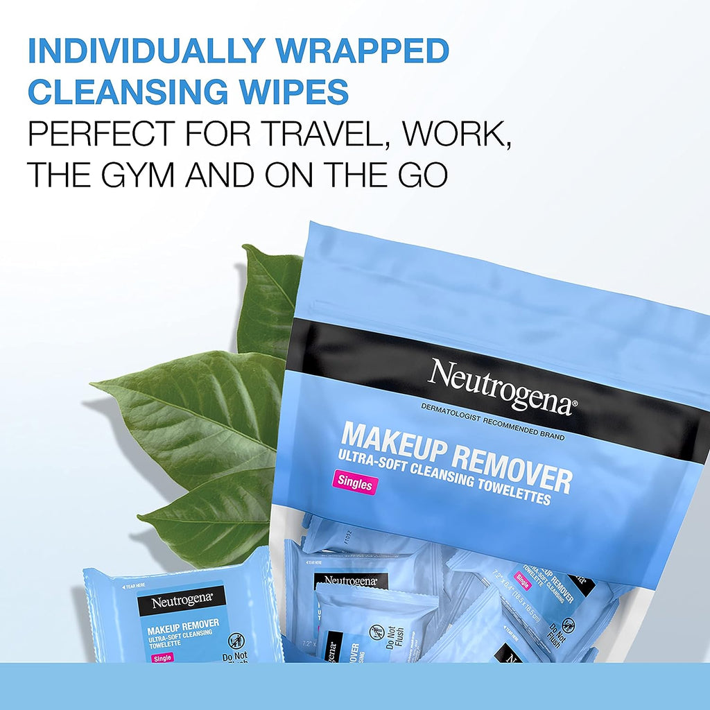 Neutrogena Makeup Remover Wipes Singles, Daily Facial Cleanser Towelettes, Gently Removes Oil &amp; Makeup, Alcohol-Free Makeup Wipes, Individually Wrapped, 20 ct
