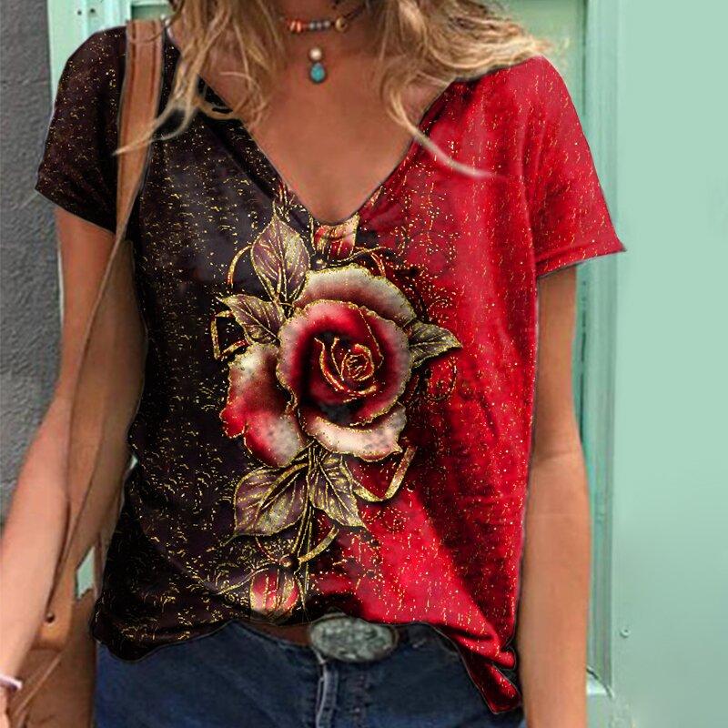 V-neck rose contrast print design short sleeves