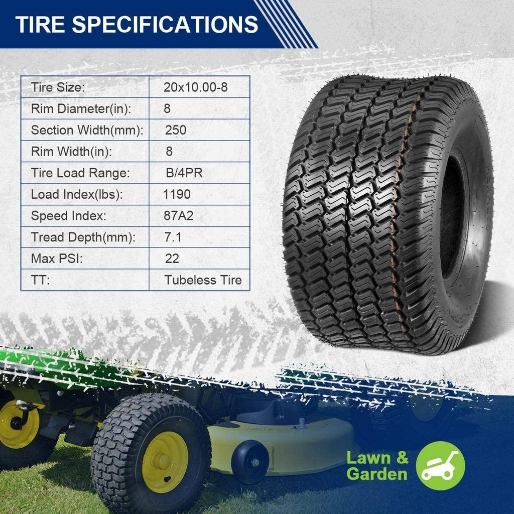 MaxAuto 2 Pcs 20x10-8 Lawn Mower Cart Turf Tires P332 4PR Load Range B