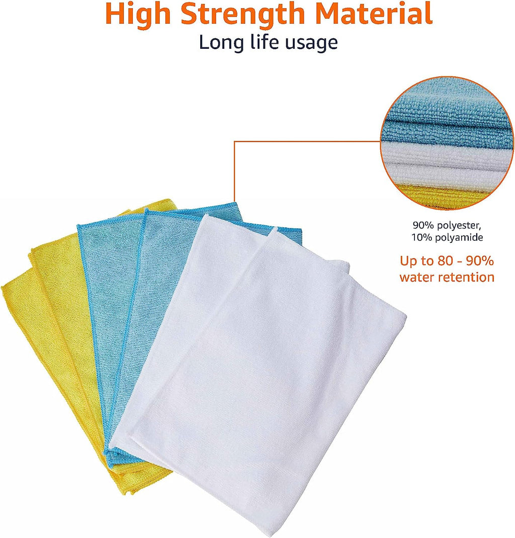 Amazon Basics Microfiber Cleaning Cloth, Non-Abrasive, Reusable and Washable, Pack of 144, Blue/White/Yellow, 16" x 12"
