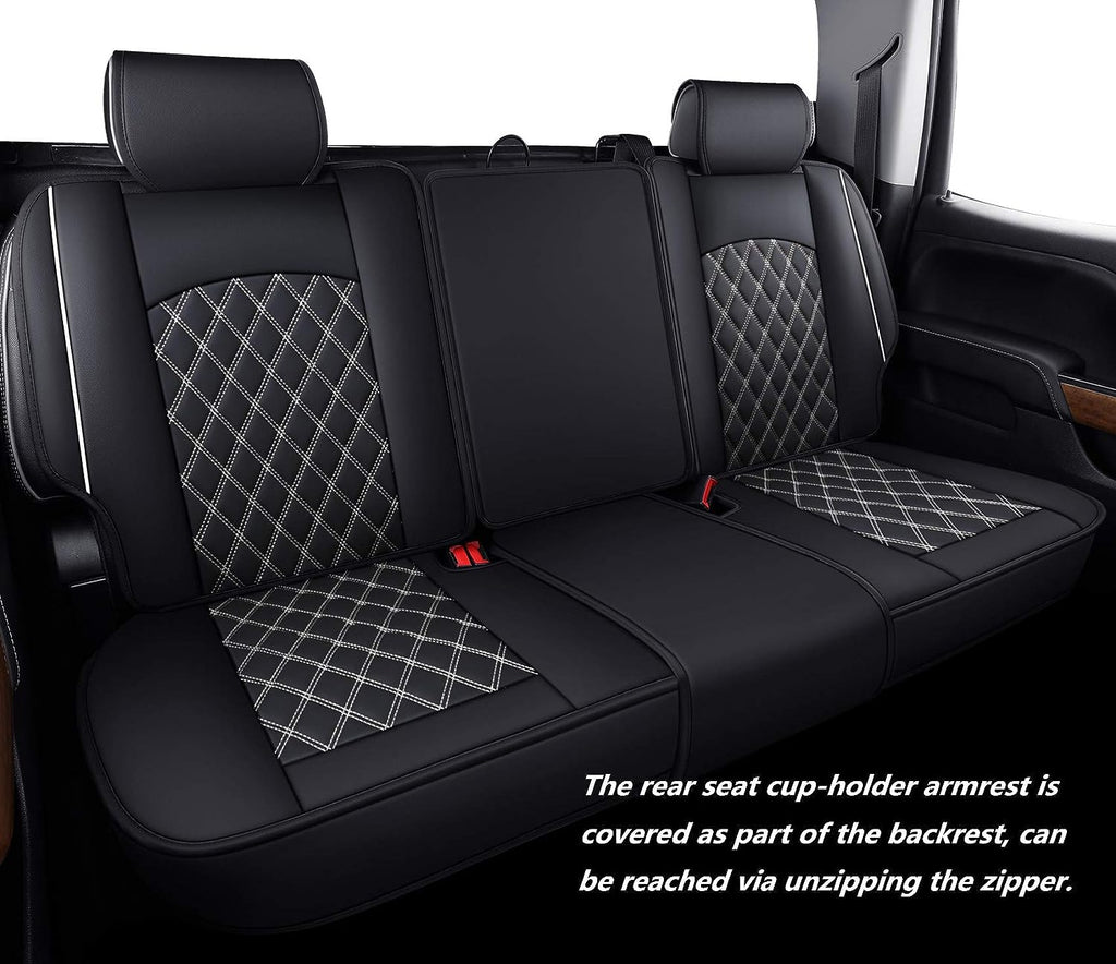 Aierxuan Seat Covers for Cars Pickup 2007-2024 GMC Sierra Chevy Chevrolet Silverado 1500 2500HD 3500HD Trail Boss Z71 Crew Double Extended Cab Waterproof Leather (Full Set, Black-White)