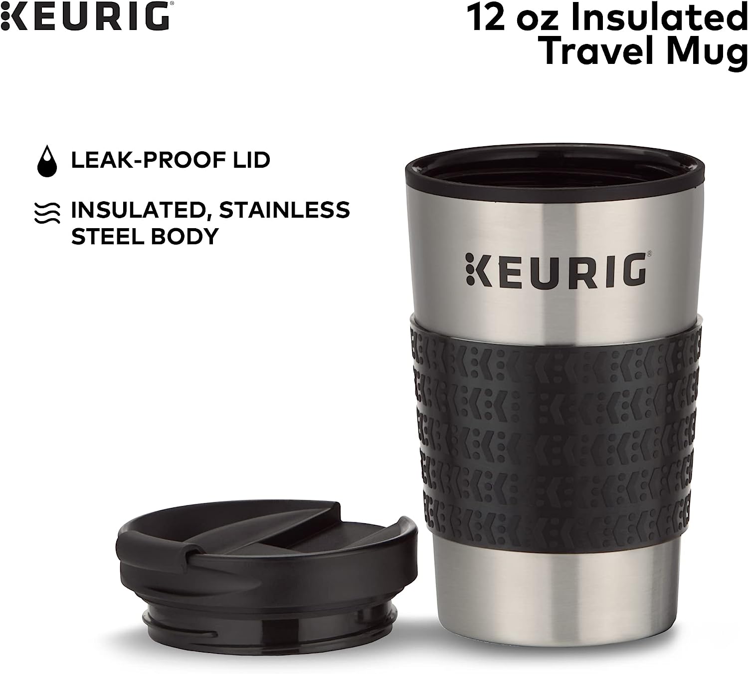 Keurig K-Mini Single Serve K-Cup Pod Coffee Maker, Poppy Red &amp; Travel Mug Fits K-Cup Pod Coffee Maker, 1 Count (Pack of 1), Stainless Steel