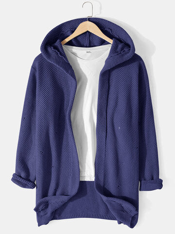 mens solid color knitted casual mid-length ripped loose sweater hooded cardigan
