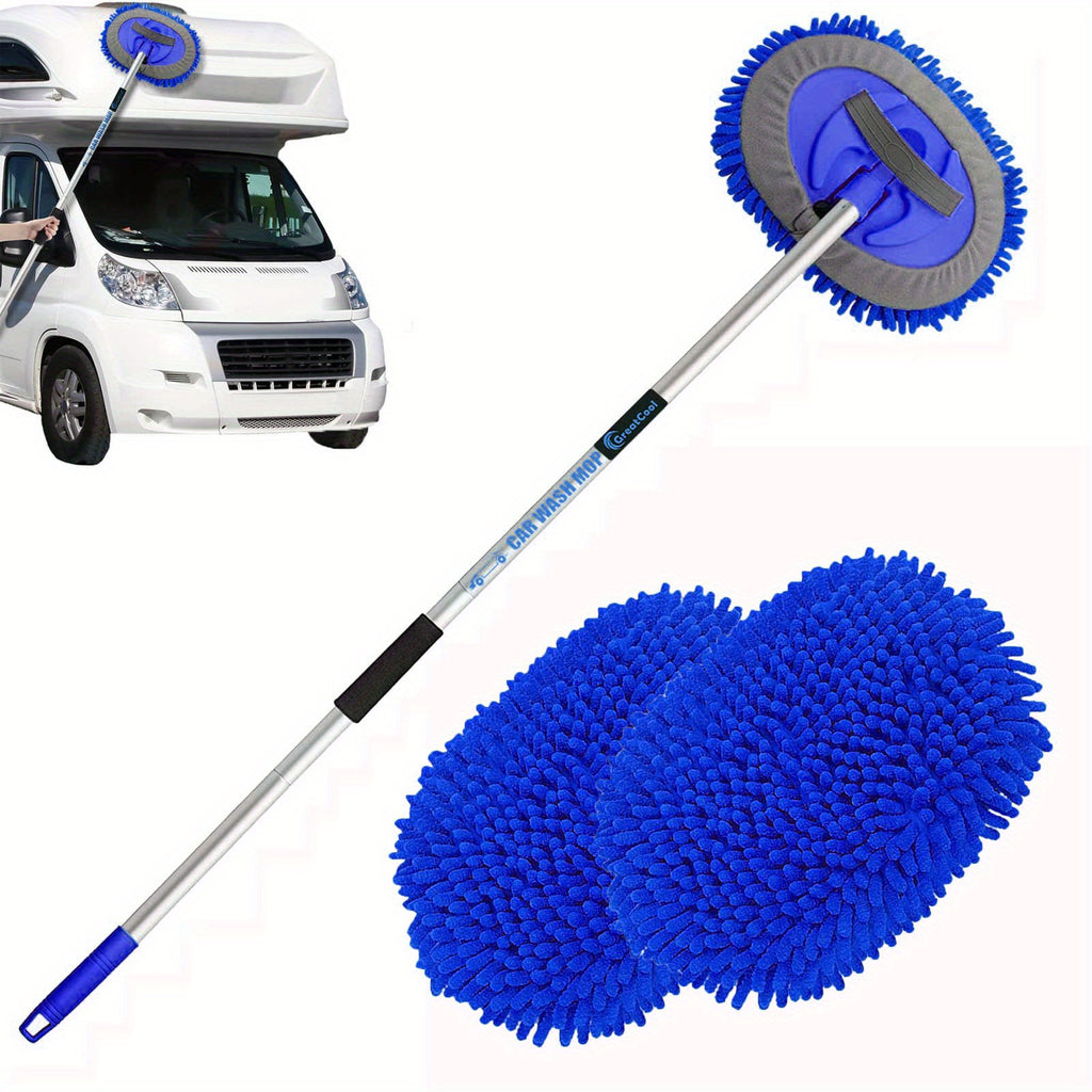 62" Car Wash Brush Kit With Long Handle, Scratch Mop Cleaning Mitt Suitable For Washing Cars Truck SUV RV Caravans And Household(2 X Mop Head)