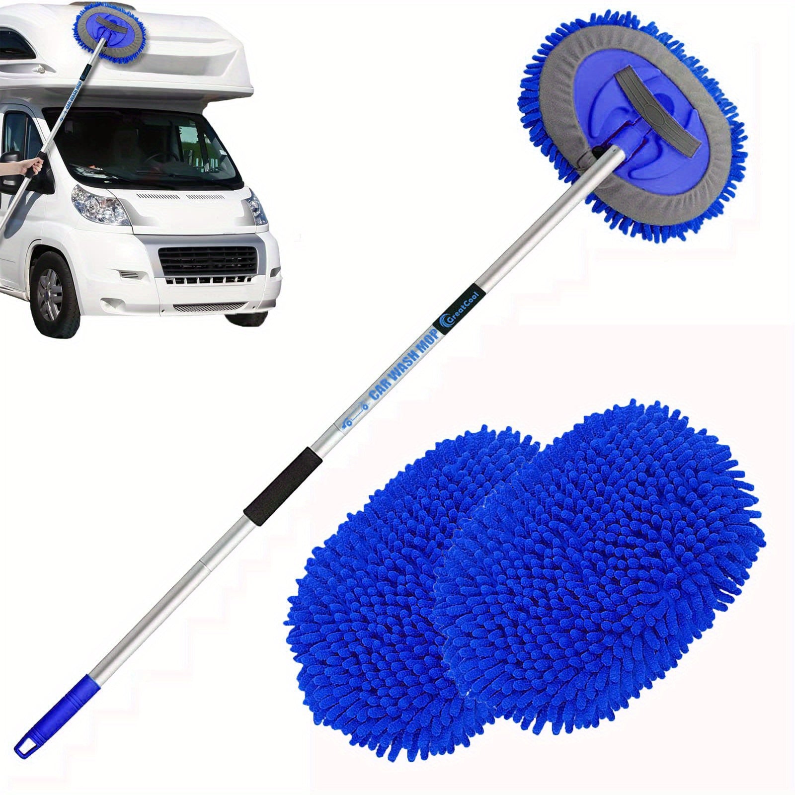 62" Car Wash Brush Kit With Long Handle, Scratch Mop Cleaning Mitt Suitable For Washing Cars Truck SUV RV Caravans And Household(2 X Mop Head)