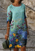 Womens Round Neck Five-point Sleeve Digital Printing Dress