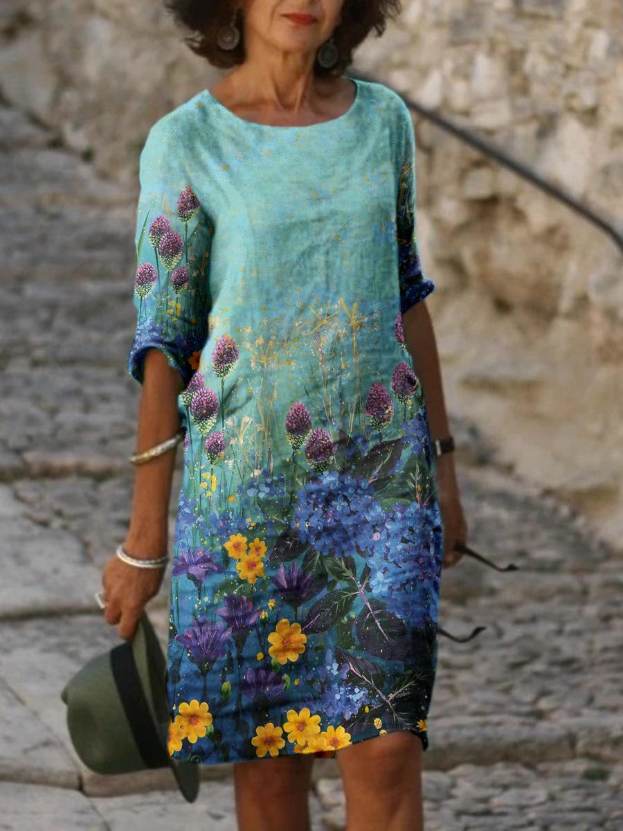 Womens Round Neck Five-point Sleeve Digital Printing Dress