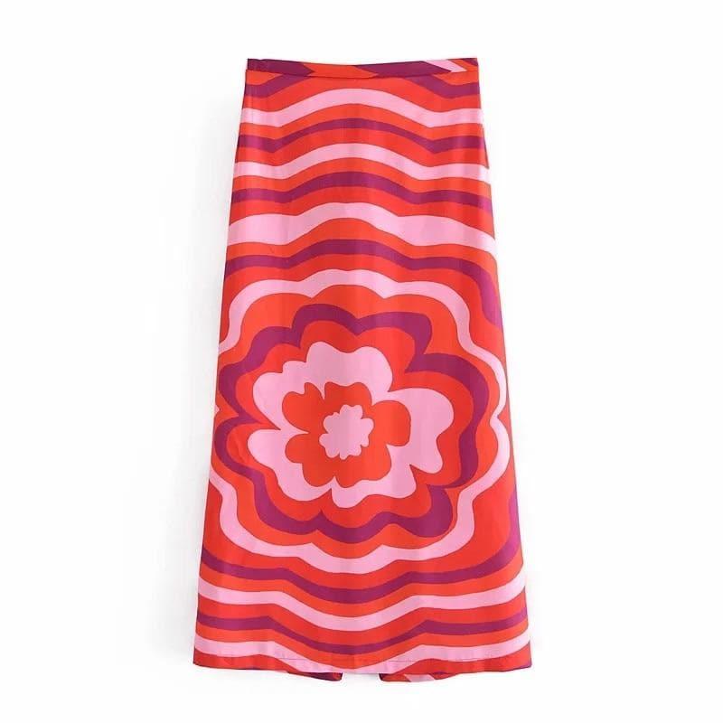 red printed midi skirt